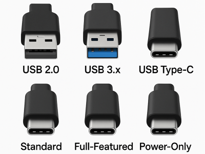 What are the key differences between USB Type-C, USB 2.0, USB 3.x, and the various versions of USB Type-C connectors and standards?