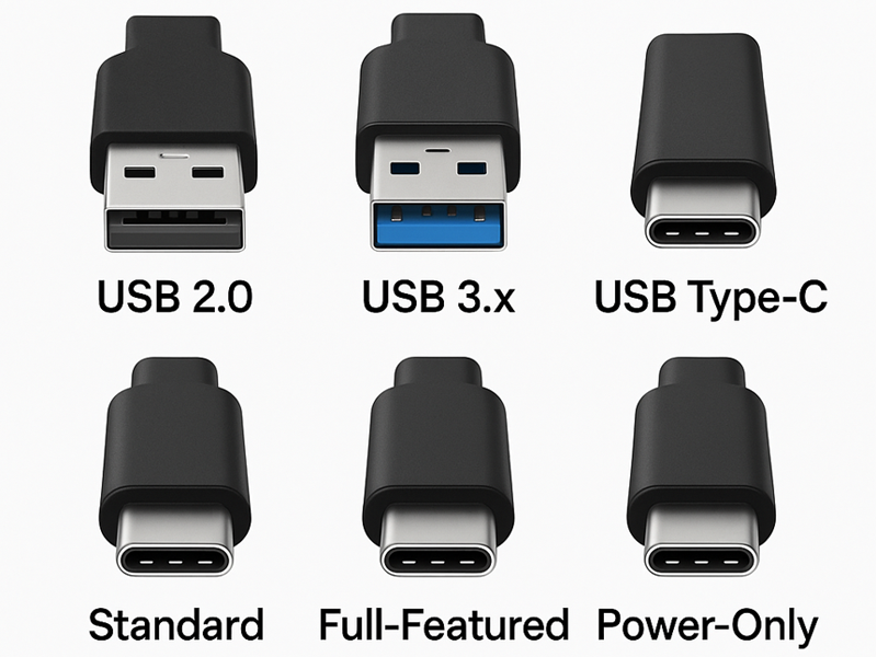 What are the key differences between USB Type-C, USB 2.0, USB 3.x, and the various versions of USB Type-C connectors and standards?